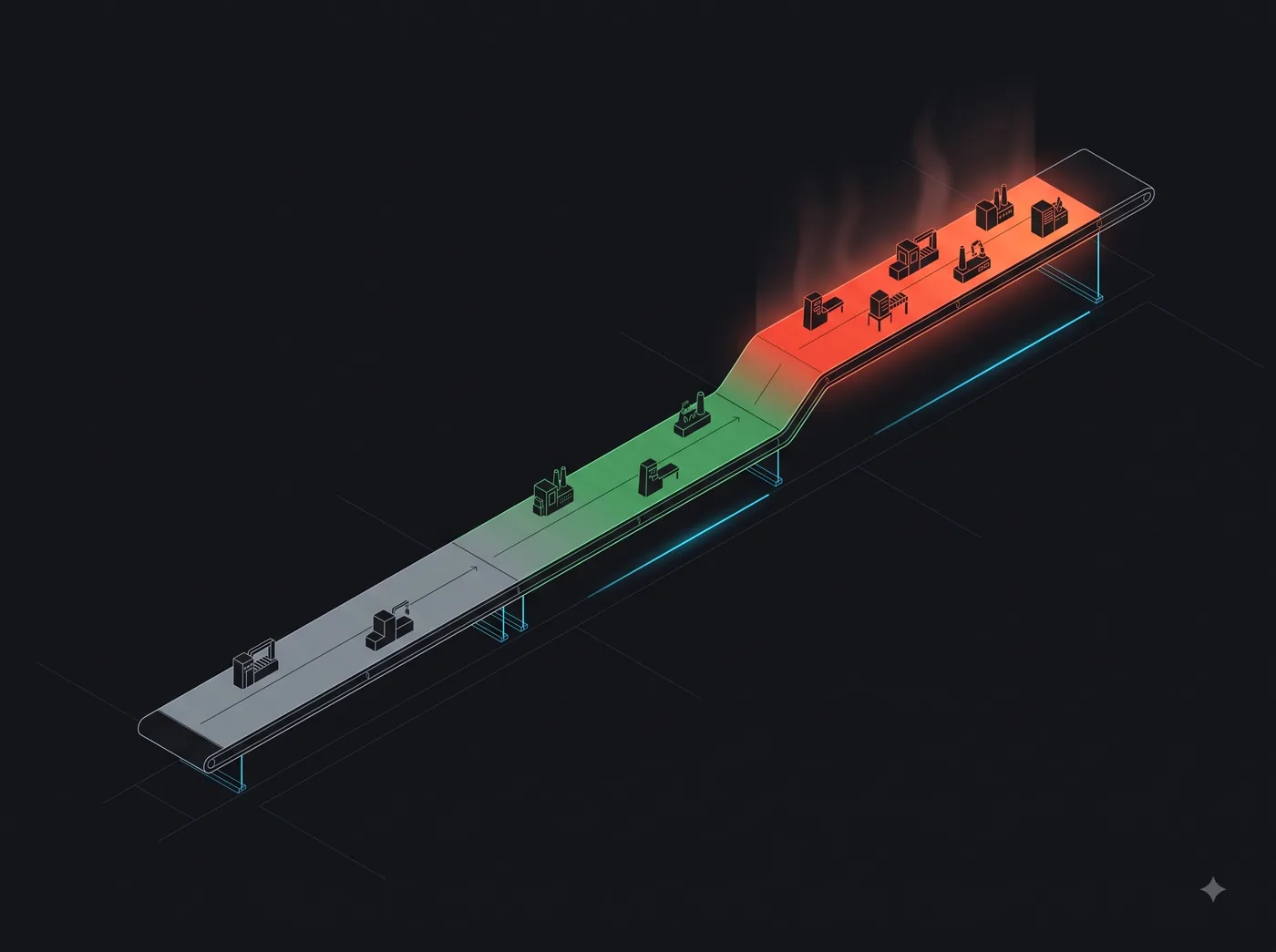 A day drawn as a conveyor: machines running in the evening section glow red.